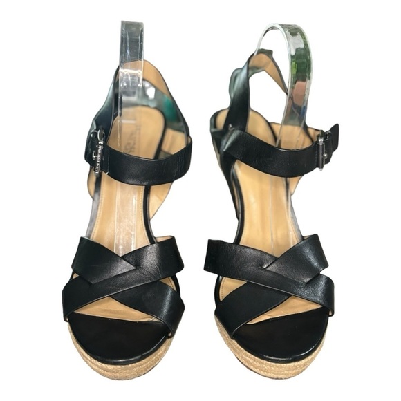 Michael Kors Black Leather Wedge Espadrille Sandals Size 10 Open Toe Ankle Strap - Picture 3 of 11